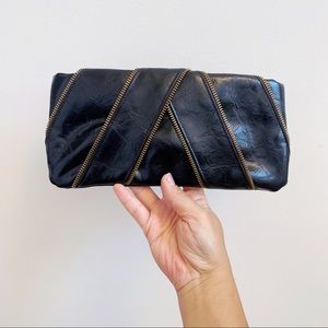 Faux Black Leather Zipper Clutch Bijoux Turner